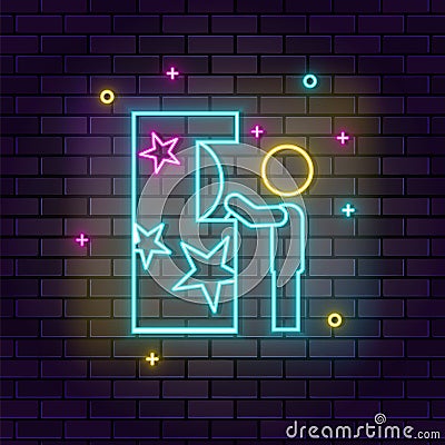 Child gamer play retro neon on wall. Dark background brick wall neon icon Vector Illustration