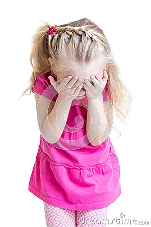 Child girl cover her face with her hand isolated Stock Photo