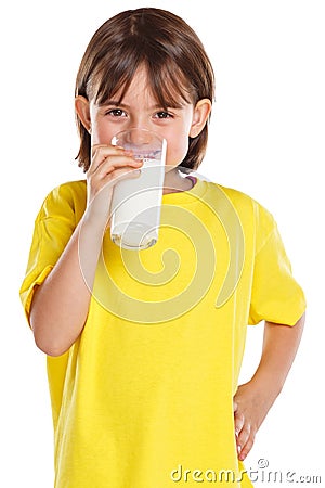 Child girl drinking milk kid glass healthy eating portrait format isolated on white Stock Photo