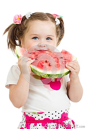 Child girl eating watermelon isolated Stock Photo