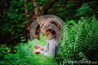 Child girl exploring nature in summer forest Stock Photo