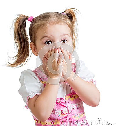 Child girl with hands close to face isolated on white background Stock Photo