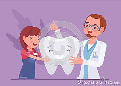 Child girl, happy dentist doctor and healthy clean tooth Vector Illustration