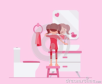Child girl keeps teeth clean by brushing in bathroom Vector Illustration