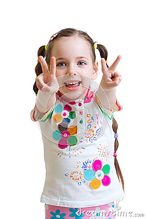 Child girl showing victory hand sign on white Stock Photo