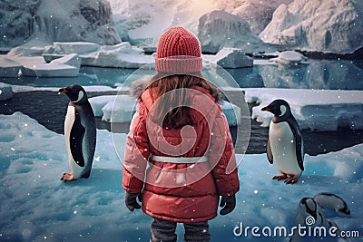 Child girl warm glacier winter penguins. Generate Ai Stock Photo