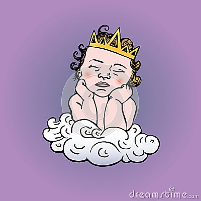 Child in golden crown dreaming on cloud, purple sky, hand drawn doodle, simple drawing, sketch illustration Cartoon Illustration