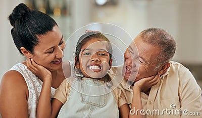 Child, grandparents and love of family with a smile, support and care in home living room together in Mexico. Portrait Stock Photo