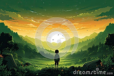 child in green wild landscape AI generated Cartoon Illustration