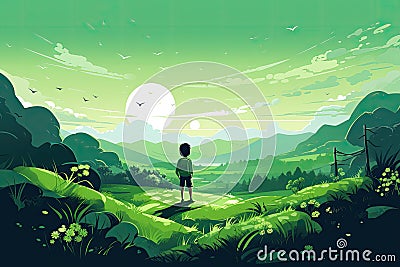 child in green wild landscape AI generated Cartoon Illustration