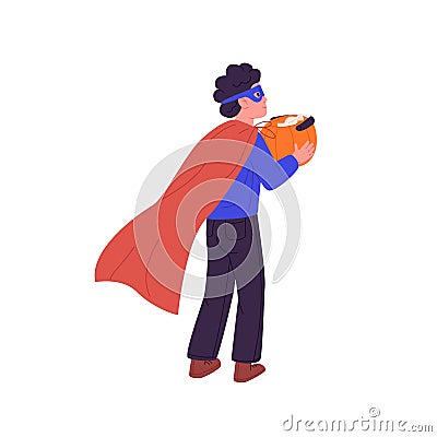 Child in Halloween party costume. Kid in holiday mask, cloak cape. Disguised boy holding pumpkin lantern in hands Vector Illustration