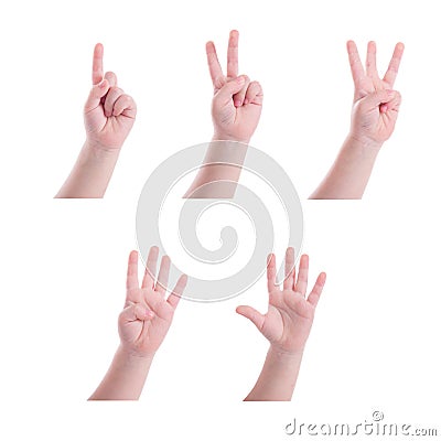 Child hand counting number one to five over white Stock Photo