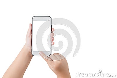 Child hand hold mobile phone and touch on screen Stock Photo