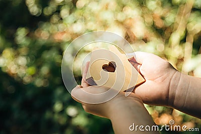 Flat wooden house shape in child hands against a forest background. Stock Photo