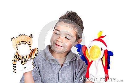 Child with hand puppets Stock Photo