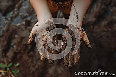 Child Hands Playing with Mud, Strengthening the Immune System, Good Dirt, Hands Cling to Mud Stock Photo