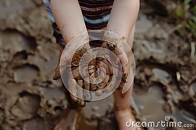 Child Hands Playing with Mud, Strengthening the Immune System, Good Dirt, Hands Cling to Mud Stock Photo