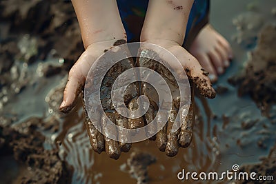 Child Hands Playing with Mud, Strengthening the Immune System, Good Dirt, Hands Cling to Mud Stock Photo