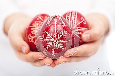 Child hands with traditional easter eggs Stock Photo