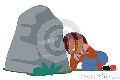 Child Happily Hiding Behind A Large Rock During A Game Of Hide And Seek, Crouched Down And Smiling While Peeking Around Vector Illustration