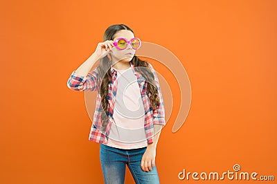 Child happy good eyesight. Sunglasses summer accessory. Eyesight and eye health. Care eyesight. Ultraviolet protection Stock Photo