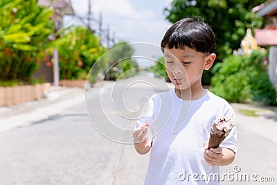 Child have enjoy for eating chocolate ice cream. Little boy eating an ice cream outdoors Stock Photo