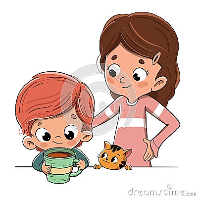 Child having breakfast or having a snack with family Vector Illustration