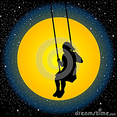 Child having fun on a swing in the night Vector Illustration