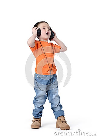 Child in headphones on a white background Stock Photo