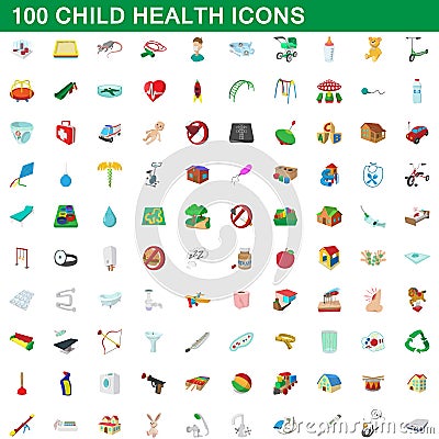 100 child health icons set, cartoon style Vector Illustration