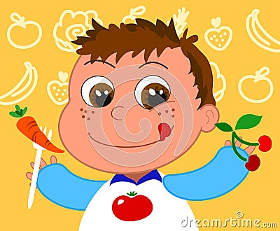 Child with healthy food Cartoon Illustration