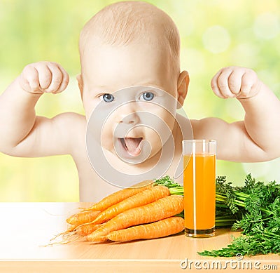 Child healthy and strong with fresh carrot juice glass Stock Photo