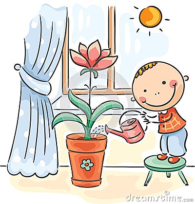 Child helping parents with the housework - watering flowers Vector Illustration