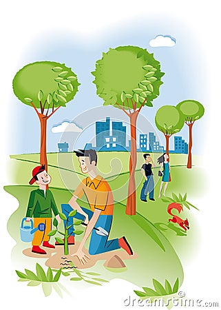 Child With His Father Planting A Seedling Vector Illustration