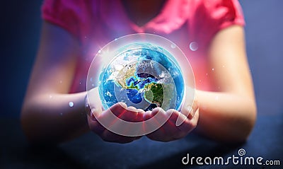 Child Hold World - Magic Of Life - Earth Day Concept - Stock Photo