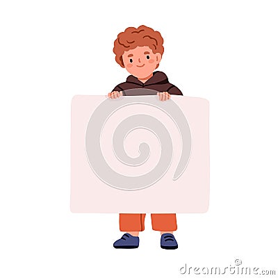 Child holding blank banner, paper sheet in hands. Happy smiling boy kid standing, showing empty clean placard for Vector Illustration