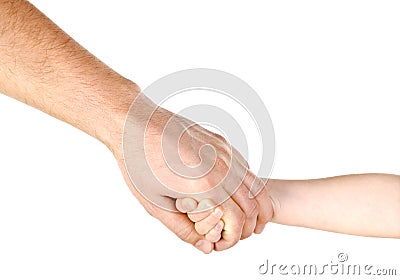 Child holding father`s hand isolated Stock Photo