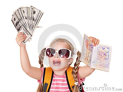 Child holding international passport and money. Stock Photo