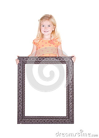 Child holding large blank frame Stock Photo