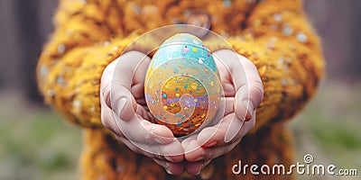 Child is holding large easter painted egg that he found during Easter hunt in garden Stock Photo