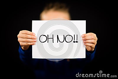 Child holding Oh No sign Stock Photo