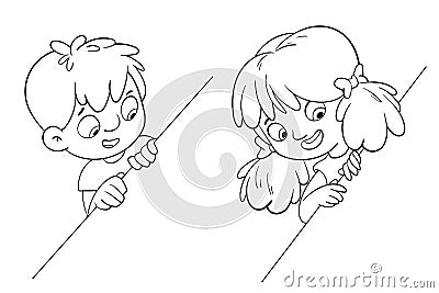 Child holding a sheet of paper. Black and white cartoon characters Vector Illustration