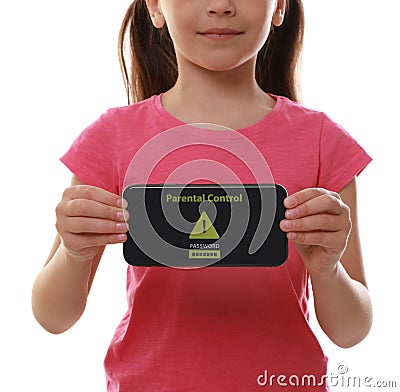 Child holding smartphone with installed parental control on white background, closeup. Cyber safety Stock Photo