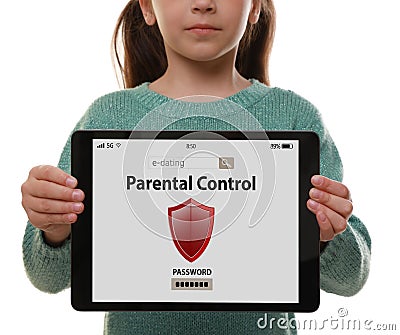 Child holding tablet with installed parental control app on white, closeup. Cyber safety Stock Photo