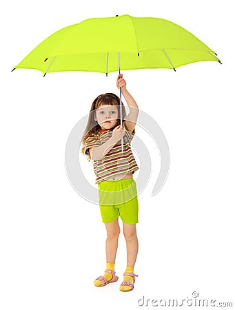 Child holds big green umbrella Stock Photo