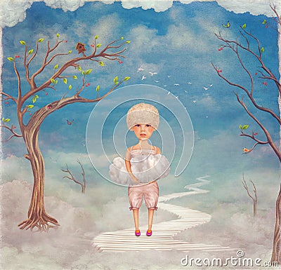 Child holds in his palms the cloud in sky Cartoon Illustration