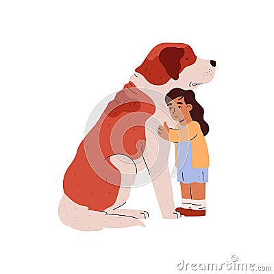 Child hugging a huge dog characters for ESA, flat vector illustration isolated. Vector Illustration