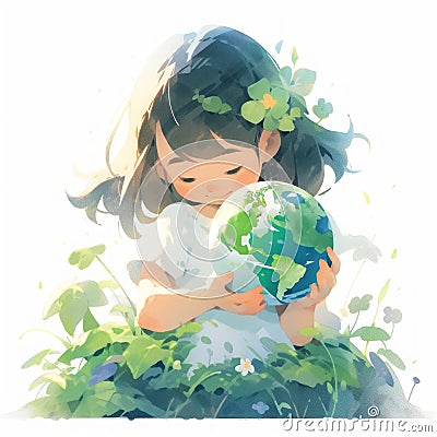 A child hugging planet Earth Cartoon Illustration