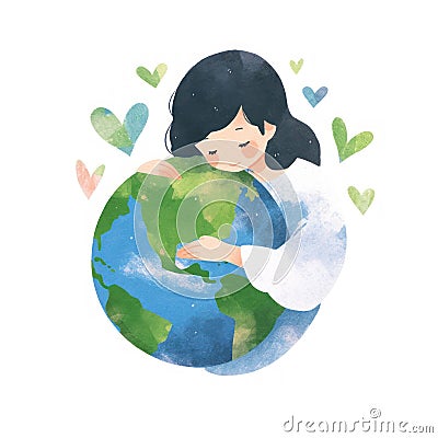 A child hugging planet Earth, giving love, care and protection Cartoon Illustration