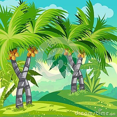 Child illustration jungle with coconut trees Vector Illustration